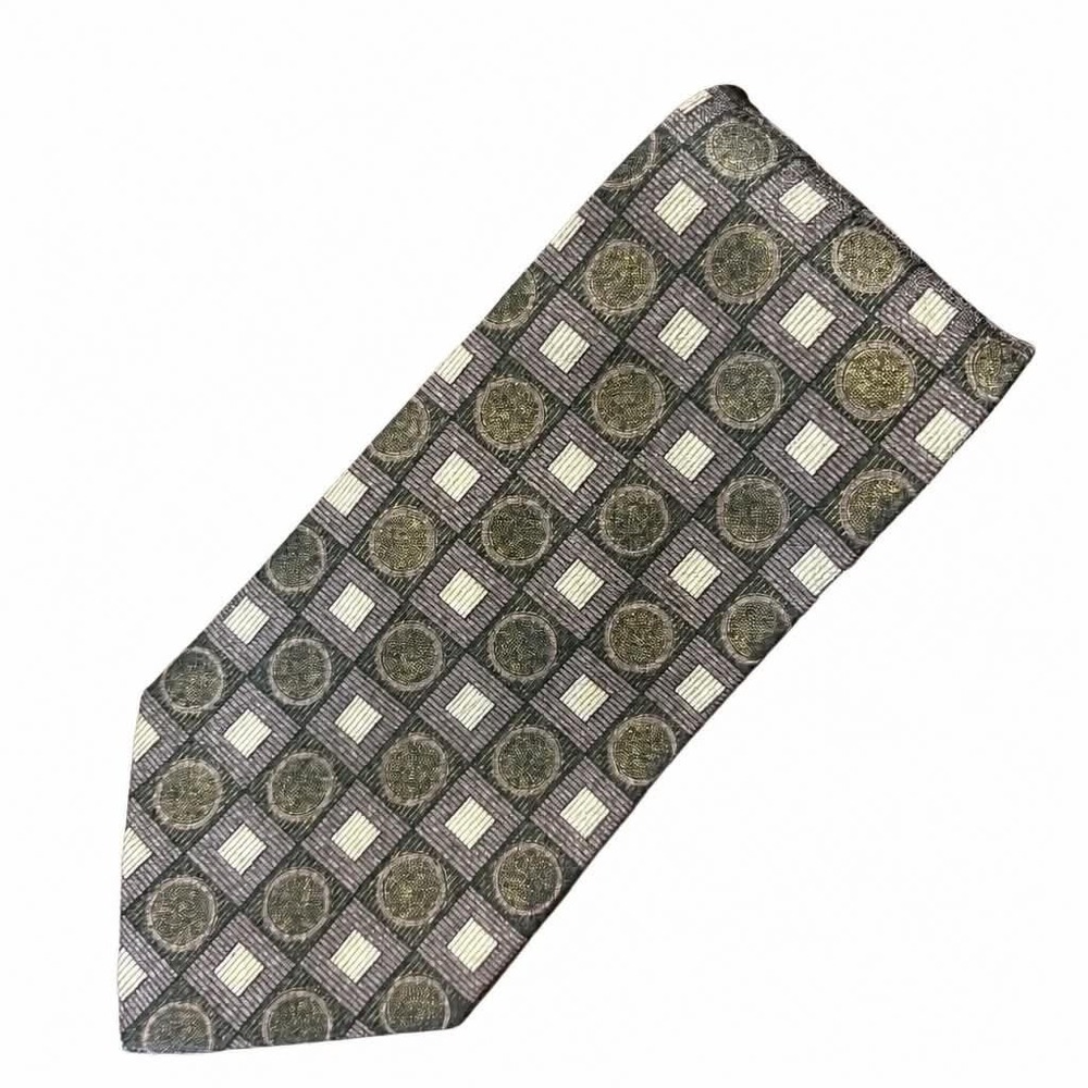 Gino Ponti Silk Tie Mens Geometric Circle Square Olive Green Gold Black Italy